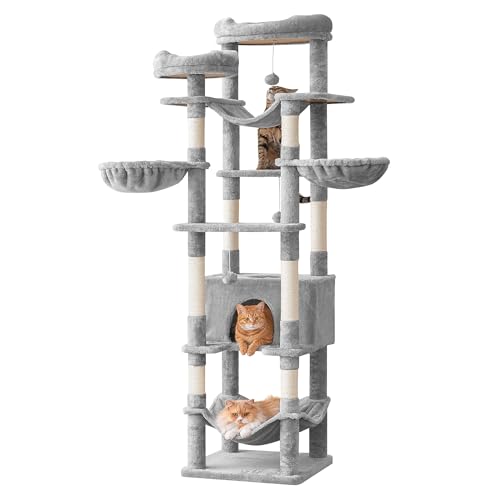 77-Inch Tall Cat Tree for Indoor Cats, Multi-Level Large Cat Tower with 4 Hammocks, 2 Padded Perches, Cat Condo, Sisal Scratching Posts and Hanging Toys for Large Adult Cat, Light Grey - color: Light Grey, size: XXL (19.7 x 19.7 x 77 Inches)