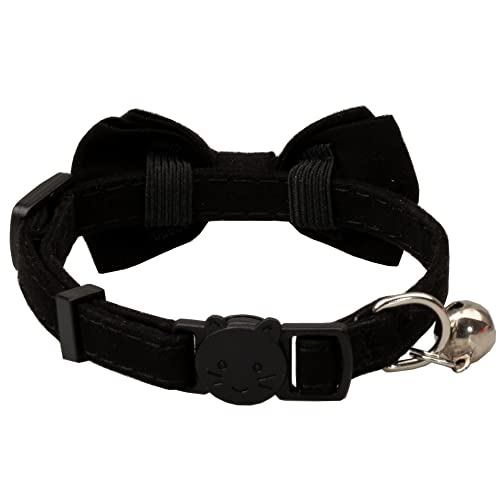 Cat Collar with Bow Tie Bell Breakaway Kitten Small Pet Safety Solid Wedding Basic Pure Color Suede Soft Adjustable [1pc] Black - color: [1pc] Black