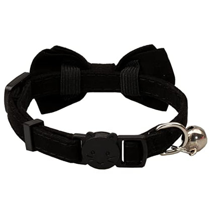 Cat Collar with Bow Tie Bell Breakaway Kitten Small Pet Safety Solid Wedding Basic Pure Color Suede Soft Adjustable [1pc] Black - color: [1pc] Black