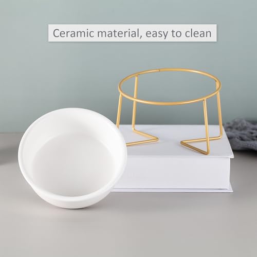 White Small Ceramic Tilted Elevated Cat Dog Bowl Raised Cat Food Water Bowl Dish Pet Comfort Feeding Bowls with Gold Iron Stand - color: White, size: Small