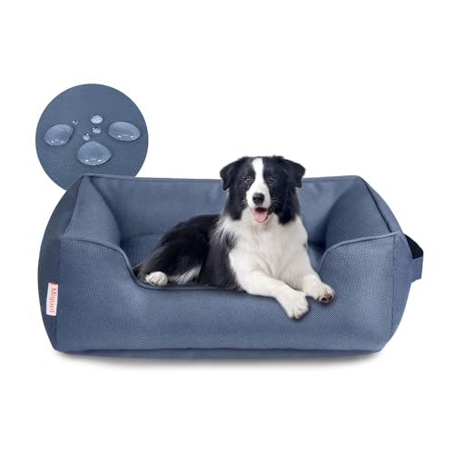 Miguel Waterproof Outdoor Dog Bed for Medium Small Dogs, Oxford Pet Bed Tough with Sides Easy Clean, All Weather Rectangle Puppy Bed with Removable Cover Bolster Bed Scratch Resistant, 35 inches - color: Navy Blue - Waterproof Oxford, size: XL (35" x 25"