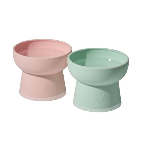 Necoichi 2pcs Elevated Cat Water Bowls with Measurement – BPA-Free Plastic Raised Bowls to Reduce Whisker & Neck Fatigue – Dishwasher Safe – Non-Slip, Anti-Vomiting (Bloomy) - color: Green and Pink (Bloomy)