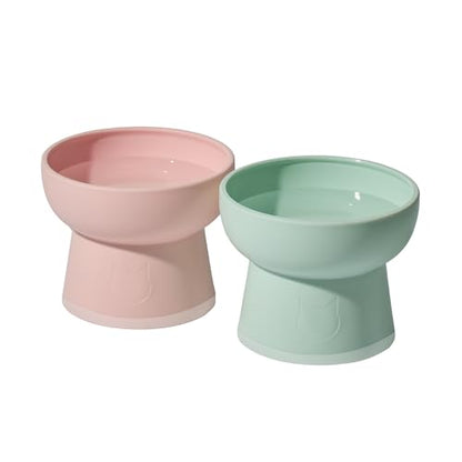 Necoichi 2pcs Elevated Cat Water Bowls with Measurement – BPA-Free Plastic Raised Bowls to Reduce Whisker & Neck Fatigue – Dishwasher Safe – Non-Slip, Anti-Vomiting (Bloomy) - color: Green and Pink (Bloomy)