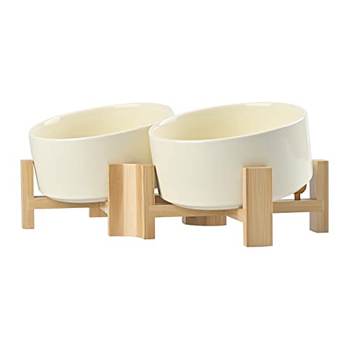 SPUNKYJUNKY 15° Slanted Ceramic Dog Bowl with Elevated Bamboo Stand - Tilted Pet Feeder for French Bulldog Pugs No Slip Anti-Vomiting for Cat Medium Dog Flat Face Pets 28.7 OZ (3.6 Cups, Beige × 2) - color: Beige, size: 3.6 CUPS × 2