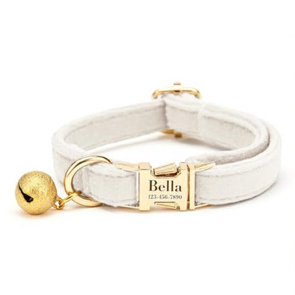 Custom Cat Collar with Bells Personalized Small Cat Collar Engraved Name & Phone Number with Secure Metal Quick-Release Buckle Adjustable (Off-White) - color: Off-White