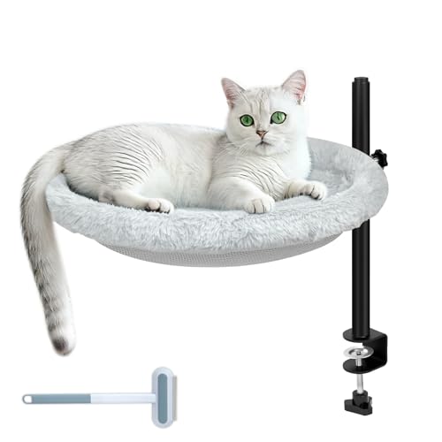 Cat Bed for Desk - Equipped with a multifunctional brush for hair removal. 360° Rotating & Height Adjustable Cat Hammock Supports Up to 50 lbs, Removable & Washable, Nest Bed Attachment Round Hammock