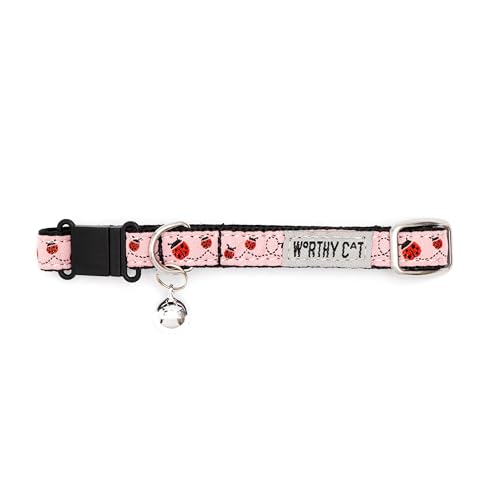 THE WORTHY DOG Ladybugi Cat Collar with Bell, Adjustable Nylon Safety Collar, Pink, One Size - color: Pink-Ladybug