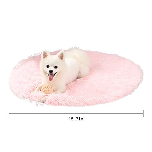 16 Inch Plush Dog Bed Mat Warm Fluffy Round Puppy Crate Pad with Anti-Slip Waterproof Bottom Soft Comfy Pet Kennel Mat for Small and Medium Dogs Sleeping(Light Pink) - color: Light Pink, size: 16 Inch