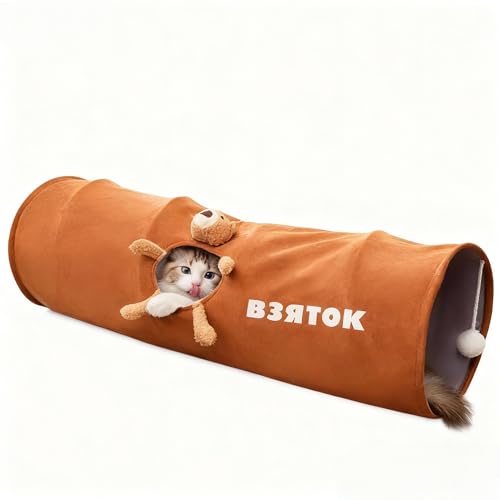 Cat Tunnel for Indoor Cat Tube Collapsible Cat Tunnel Bed with Hanging Ball,Play Tunnel for Kitten,Kitty,Puppy,Rabbit,Funny Interactive Cat Toy Gift for Cat Lover(Bear,31.5″x10″x10″) - size: M(31.5 x 10 x 10 Inch)