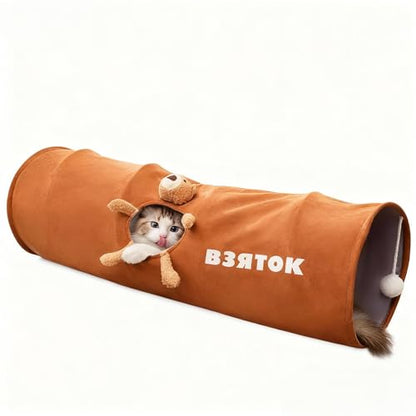 Cat Tunnel for Indoor Cat Tube Collapsible Cat Tunnel Bed with Hanging Ball,Play Tunnel for Kitten,Kitty,Puppy,Rabbit,Funny Interactive Cat Toy Gift for Cat Lover(Bear,31.5″x10″x10″) - size: M(31.5 x 10 x 10 Inch)