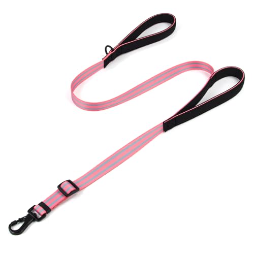 Dog Leash for Large Dogs, Double Handle Heavy Duty Adjustable Leash with Soft Padded Handles, Traffic Control Training Lead for Walking, Running (Pink & Grey Stripe, 6 ft) - color: Pink & Grey Stripe, size: 6 ft