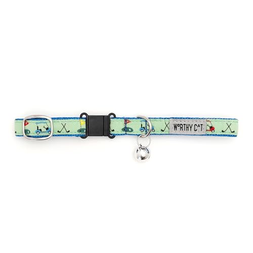 THE WORTHY DOG Golf Cat Collar with Bell, Adjustable Nylon Safety Collar, Green, One Size - color: Green-Golf