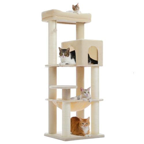 MUTTROS Large Cat Tree for Indoor Cats Large Adult, 57.8" Heavy Duty Cat Tower with Reinforced Scratching Posts (φ3.7in) and Plush Larger Hammock for Maine Coon & Big Cats, Supports 30lbs, Beige - color: Beige, size: 57.8inch