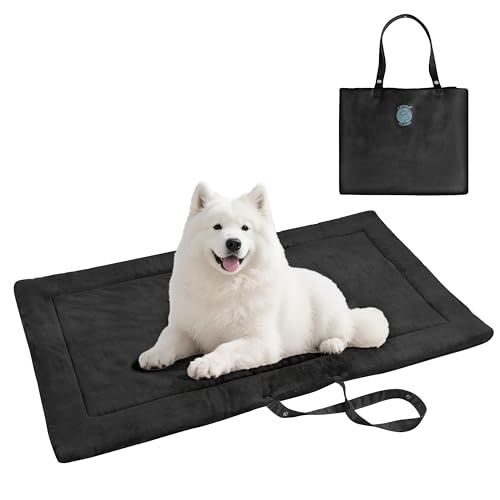 Waterproof Foldable Dog Bed Pad for Camping & Travel, Portable Roll-Up Dog Bed Car Seat Pet Cushion Mat with Handles for Medium & Large Dogs, Indoor & Outdoor Use - color: Black, size: 50"x28"