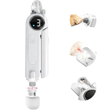 2-in-1 Dog Nail Clippers & Grinder with Light, Quiet Electric Pet Nail Trimmer for Large Medium Small Dogs & Cats, 3 Speeds, Rechargeable, Splash Guard & Safety Lock, Painless Grooming Tool (White)