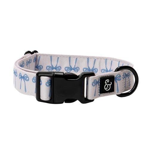 Lucy & Co. Dog Collar - Durable Lightweight Designer Collar for Pets - Adjustable Metal Safety Buckel - Small - White with Blue Bows - color: Bowwow Wow!, size: Small