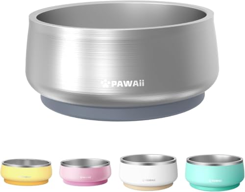 Pawaii Dog Bowl, 34 oz Double-Wall Stainless Steel Food and Water Bowl, Non-Slip Rubber Base, Dishwasher Safe, ID Tag Included, (1 Pack) - color: Silver Polish, size: 34oz