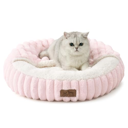 Cat Bed with Hooded Blanket, Round Fluffy Anti-Anxiety Pet Bed for Cats/Small Dogs, Cozy Donut Cuddler with Machine Washable Faux Fur & Anti-Slip Bottom(23"×23"×6",Pink) - color: Pink, size: 23"×23"×6"