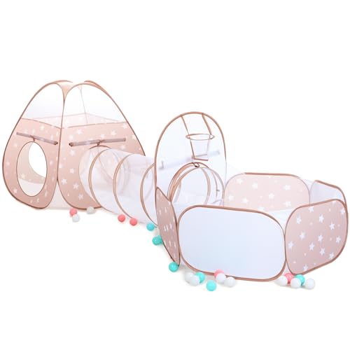 SISTICKER 3 in 1 Kids Play Tent: with Baby Ball Pit and Play Tunnel - Toddler Climbing Toys for Boys Girls Babies - Indoor Outdoor Pop Up Tunnel Toys Gift for Year Old (Balls NOT Included) - style: Coffee/White