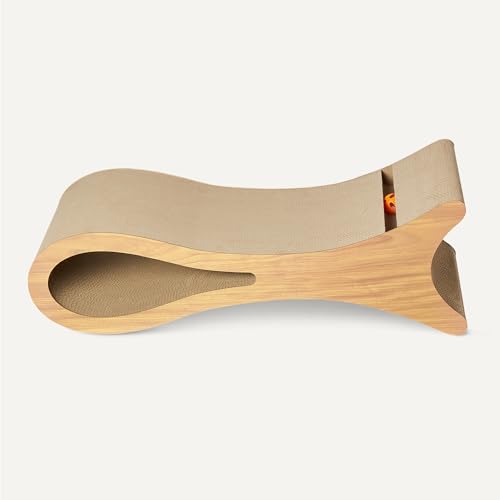 Amazon Basics Cat Scratcher Post Cat Scratcher Lounge Bed for Indoor Cats Bed Shaped Post Pad with Interactive Ball Toy & Catnip, FSC-Certified, 34.3 x 11.8 x 11.8 in, Wooden Color