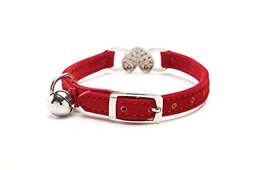 CHUKCHI Pink Soft Velvet Safe Cat Adjustable Collar with Crystal Heart Charm and Bells 8-11 Inches (Red) - color: Red