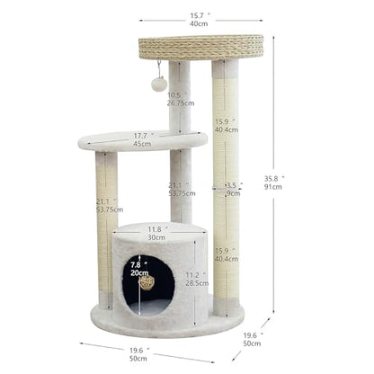PetPals 4-Level Multi-Activity Cat Tree with Base Condo,Handwoven Paper Rope Top Nest Bed, Replaceable Sisal Scratching Posts,Teaser Toy (Cream and Beige) - color: Cream and Beige