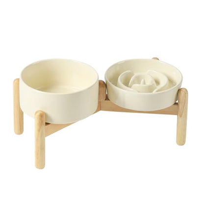 Havniva 6.1” Raised Slow Feeder Dog Bowls Set, 0.9 Cups Ceramic Slow Feeder Dog Bowl and 6.1” Dog Water Bowl with Elevated Wooden Stand Puzzle Dog Food Bowl for Small Dogs Anti-Gulping & Anti-Choking - color: 2 x Light Yellow+Stand-A, size: 6.1inch-New