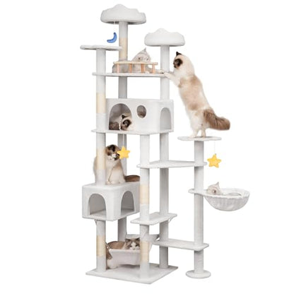Meecal 79in Tall Cat Tower for Heavy Duty Big Cats, Large Cat Tree with Scratching Post, Plush Perches, Cozy Cat Condos & Hanging Hammocks for Maine Coon, White - color: White