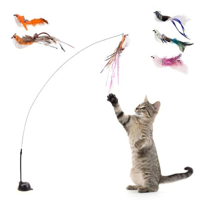 Cat Wand Toys, Interactive Bird Simulation Cat Toy for Indoor Cats,Teaser Wand Self-Holding Suction Cups Base with 5pcs Detachable Replacements Feathers Toys - color: 5PCS Birds