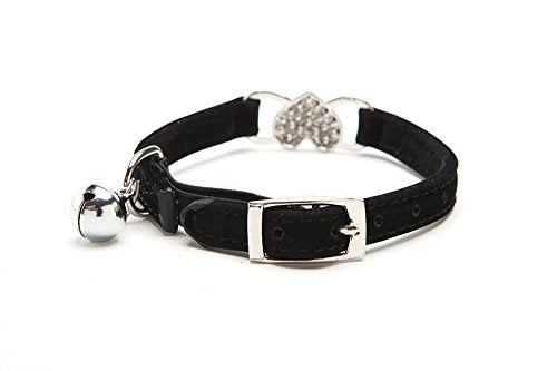 CHUKCHI Heart Bling Cat Collar with Safety Belt and Bell 8-11 Inches (Black) - color: Black
