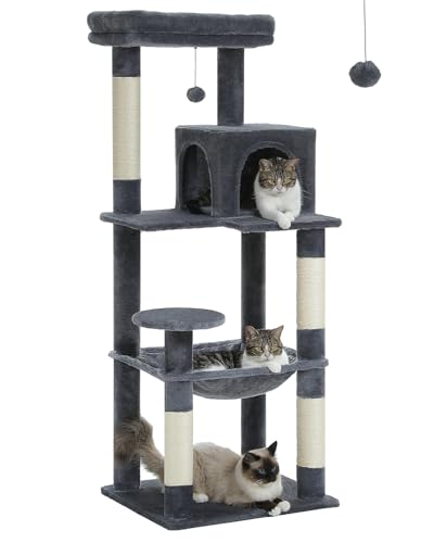 MUTTROS Cat Tree for Large Cats with Metal Plush Big Hammock, 56.3" Cat Tower for Indoor Cats with 2 Door Condo House, 6-Tier Cat Shelves with Scratching Posts and Large Top Perch, Dark Gray - color: Dark Gray, size: 56.3in