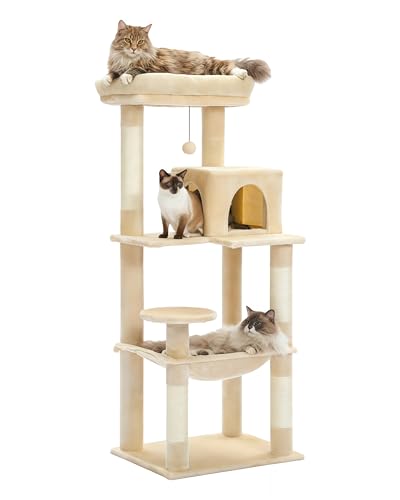 MUTTROS Cat Tree for Large Cats Adult with Metal Plush Big Hammock, 56.3" Cat Tower with 2 Door Condo House, 6-Tier Cat Shelves with Scratching Posts and Large Top Perch, Beige - color: Beige, size: 56.3in