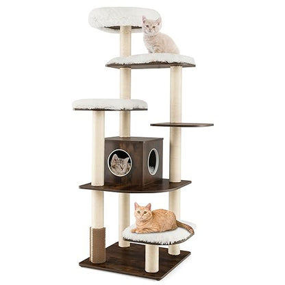 PETSITE Tall Cat Tree for Indoor Cats, 71 Inches Multi-Level Modern Cat Tower with Plush Perch, Cozy Condo, Platforms, Sisal Scratching Posts, EVA Massage Comb & Removable Cushions (Brown) - color: Brown