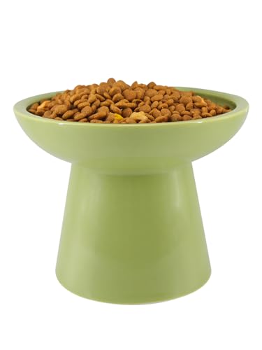 LoeJan Elevated Green Cat Bowls Set - Wide Raised Ceramic Feeder, Anti-Vomit Whisker-Free Bowl for Kittens to Adult Cats - color: Green, size: Single (Food Bowl)
