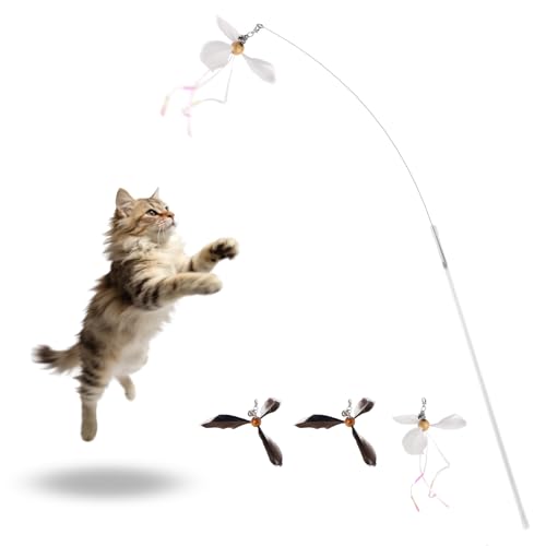 Retractable Cat Wand Toy with Spinning Natural Feather – Interactive Cat Teaser Wand for Indoor Cats, Adjustable Lightweight Cat Toy Wand with 4 Feather Refills - No String Version - color: No String Version