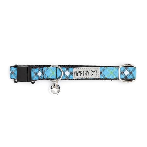 THE WORTHY DOG Patterned Bias Plaid Cat Collar with Bell, Adjustable Nylon Safety Collar, Blue, One Size - color: Blue-Bias Plaid