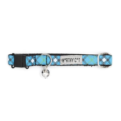THE WORTHY DOG Patterned Bias Plaid Cat Collar with Bell, Adjustable Nylon Safety Collar, Blue, One Size - color: Blue-Bias Plaid