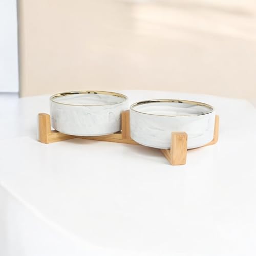 Ceramic Pet Bowl (Marble Design) Set of 2 with Stand, 2cups and 4 Cups Capacity (Marble Grey w/Gold, Small, 2 Cups per Bowl) - color: 1. S-Marble Grey Gold, Small, 2 cups per bowl