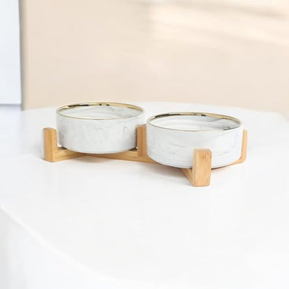 Ceramic Pet Bowl (Marble Design) Set of 2 with Stand, 2cups and 4 Cups Capacity (Marble Grey w/Gold, Small, 2 Cups per Bowl) - color: 1. S-Marble Grey Gold, Small, 2 cups per bowl