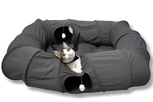 XxingSheep 4 Ways Shuttled XL Cat Tunnel Bed for Indoor Cats Peekaboo Cat Cave Donut with Cool Mat (Dark Gray) - color: Dark Gray, size: Extra Large