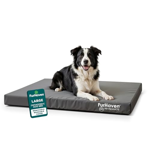 FurHaven Water-Resistant Orthopedic Dog Bed for Large Dogs, Oxford Polycanvas Mattress with Egg Crate and a Solid Orthopedic Foam Base for Joint Support, Washable Cover, Large, Stone Gray - color: Water-Resistant Logo Print (Stone Gray), size: Large