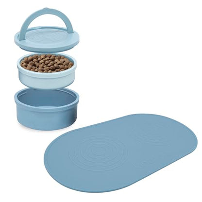 KindTail Pet Bowl Set + Silicone Pet Food Mat - Includes 2 Portable Dog Bowls with Lid & Handle + 1 Waterproof Pet Feeding Mat - Made from Food-Grade, Dishwasher-Safe Materials - BPA & Toxin-Free