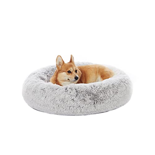 Bedfolks Calming Donut Dog Bed, 30 Inches Round Fluffy Dog Beds for Medium Dogs, Anti-Anxiety Plush Dog Bed, Machine Washable Pet Bed (Light Grey, Medium) - color: Light Grey, size: 30.0"L x 30.0"W x 8.0"Th