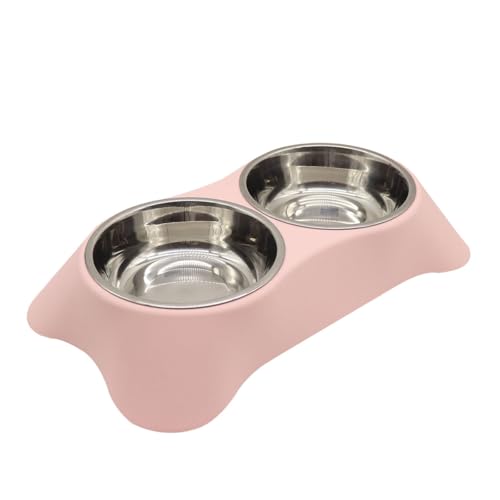 Double Dog Bowl, Stainless Steel Double Bowl, Anti-Slip, Anti-Spill and Removable(Pink-Medium)