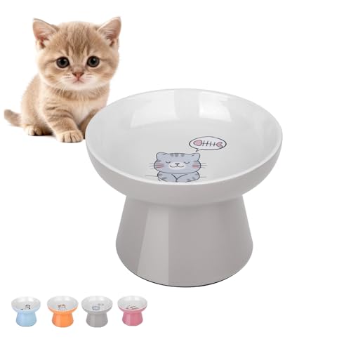 Elevated Ceramic Cat Bowl – Wide Whisker-Friendly Raised Design to Reduce Vomiting & Improve Digestion, Non-Slip Base, Lead & Cadmium Free, Dishwasher Safe (Grey) - color: Grey