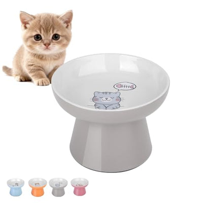 Elevated Ceramic Cat Bowl – Wide Whisker-Friendly Raised Design to Reduce Vomiting & Improve Digestion, Non-Slip Base, Lead & Cadmium Free, Dishwasher Safe (Grey) - color: Grey