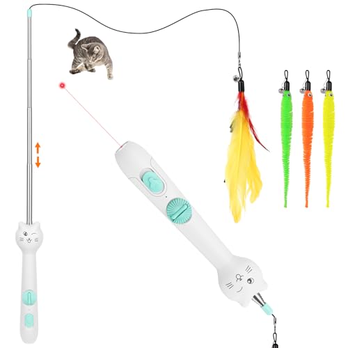 TBTeek Cat Toy, 2in1 Light and Retractable Pole with Feather, Rechargeable, Long Range 5 Modes, Interactive Toy for Indoor Cat Kitten Dog - size: 1pc red light with fish pole