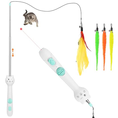 TBTeek Cat Toy, 2in1 Light and Retractable Pole with Feather, Rechargeable, Long Range 5 Modes, Interactive Toy for Indoor Cat Kitten Dog - size: 1pc red light with fish pole