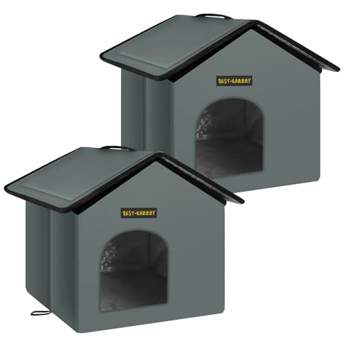 Rest-Eazzzy Cat House for Outdoor Cats, Weatherproof and Insulated Feral Cat House with Mat and Clip, Easy to Put Together, Selfwarming Cat Shelter for Summer, Never Blow Away (Grey, House X 2) - color: grey, size: house X 2