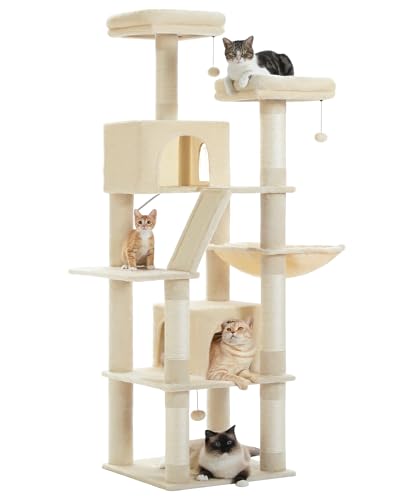 MUTTROS Tall Cat Tree 70.9", Large Cat Tower for Indoor Cats, Multi-Level Plush Cat Condo with 6 Scratching Posts, 2 Scratching Boards, 2 Perches, 2 Caves, Hammock, 2 Pompoms, Beige - color: Beige, size: 70.9inch